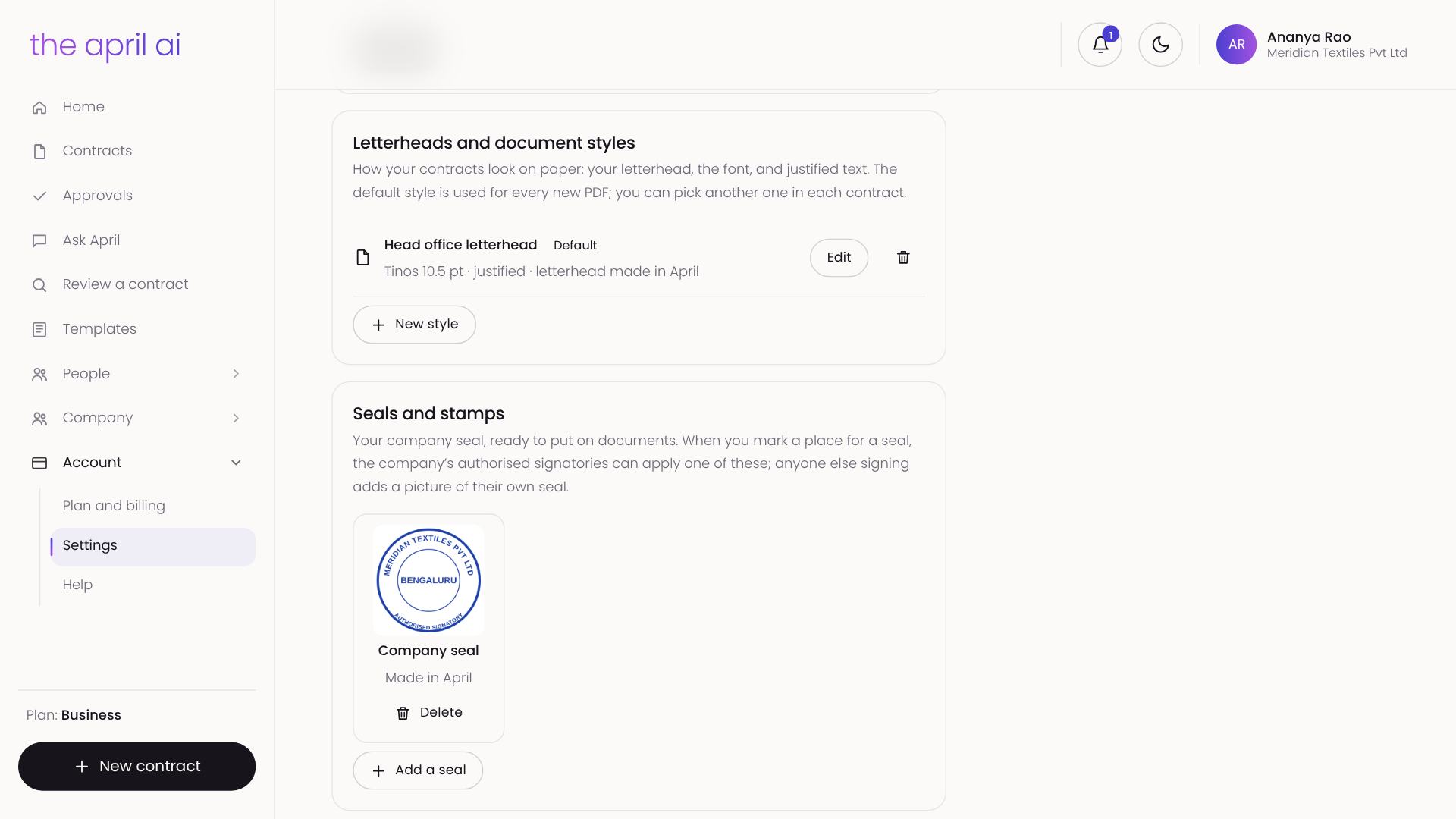 Letterheads and document styles in Settings