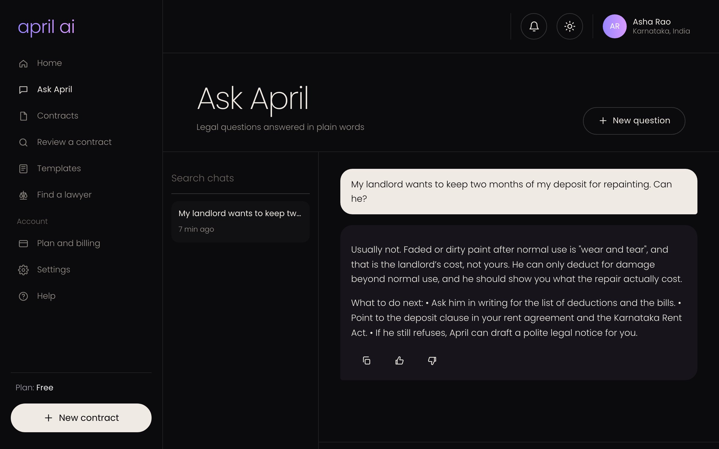 Ask April chat answering a question about ending a lease early, with sources