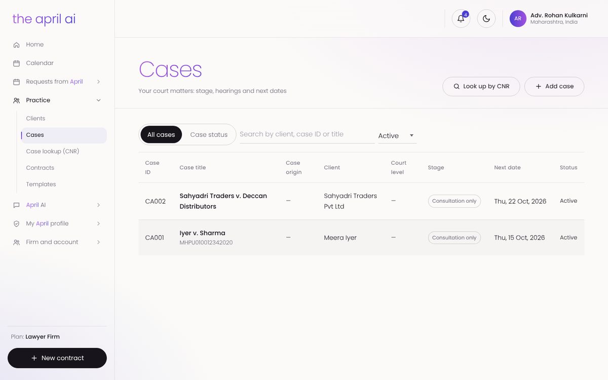 April's Cases list in the lawyer portal with case ID, title, client, stage and next date