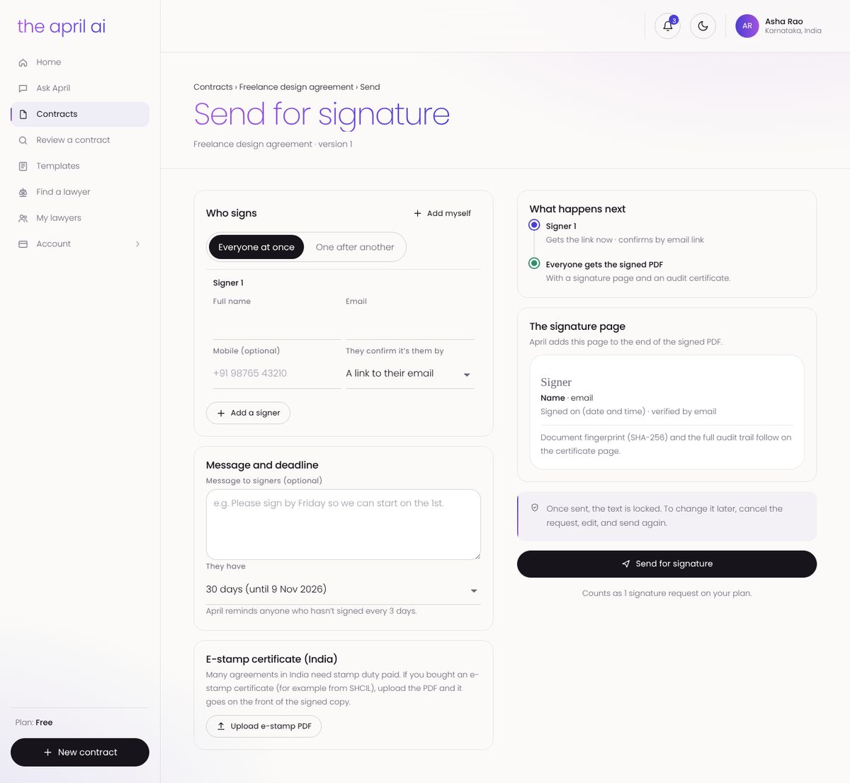 April's Send for signature page with signers, message, deadline and the signature page preview