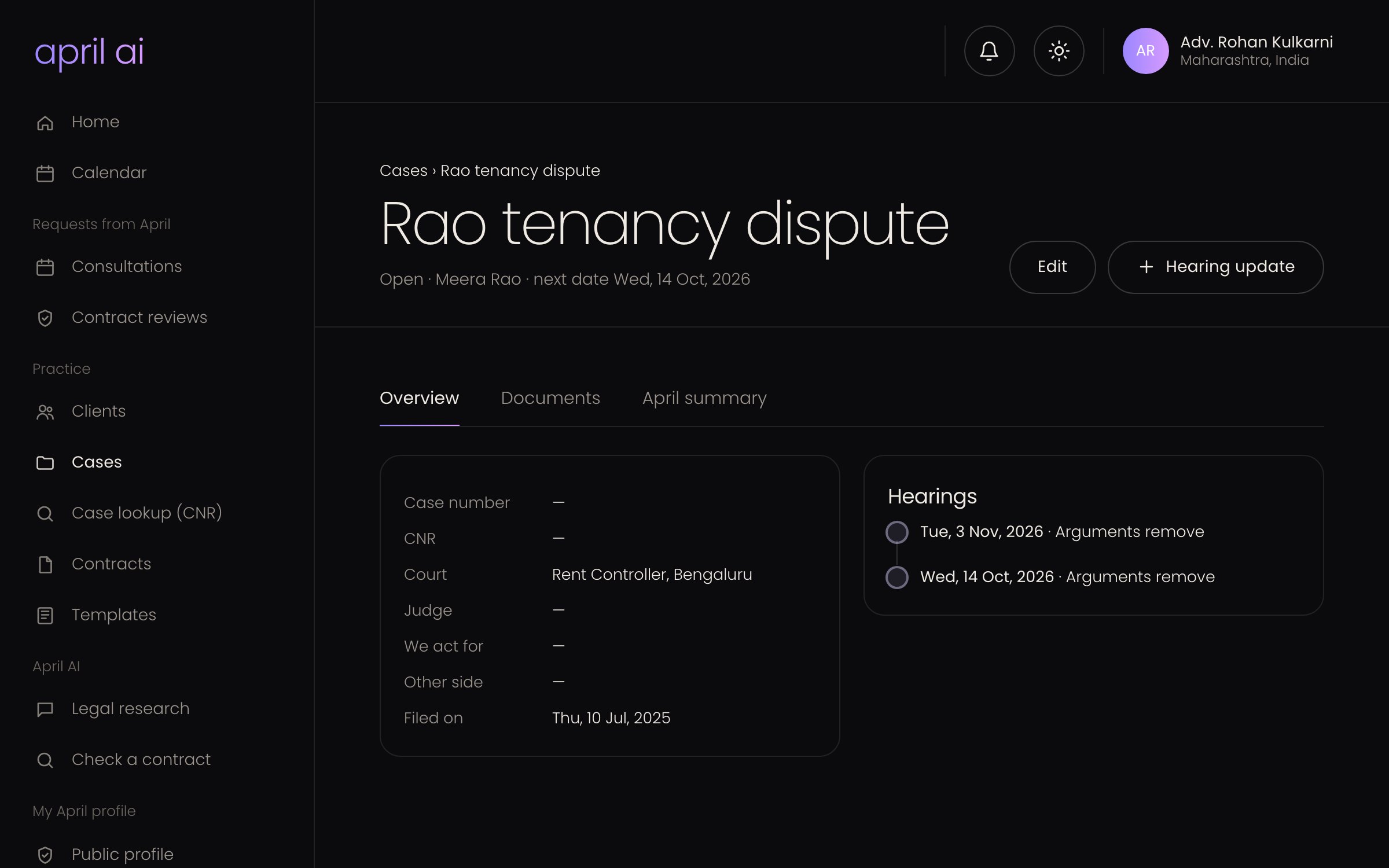 Case view showing e-Court details: case number, status, filing date and hearing history