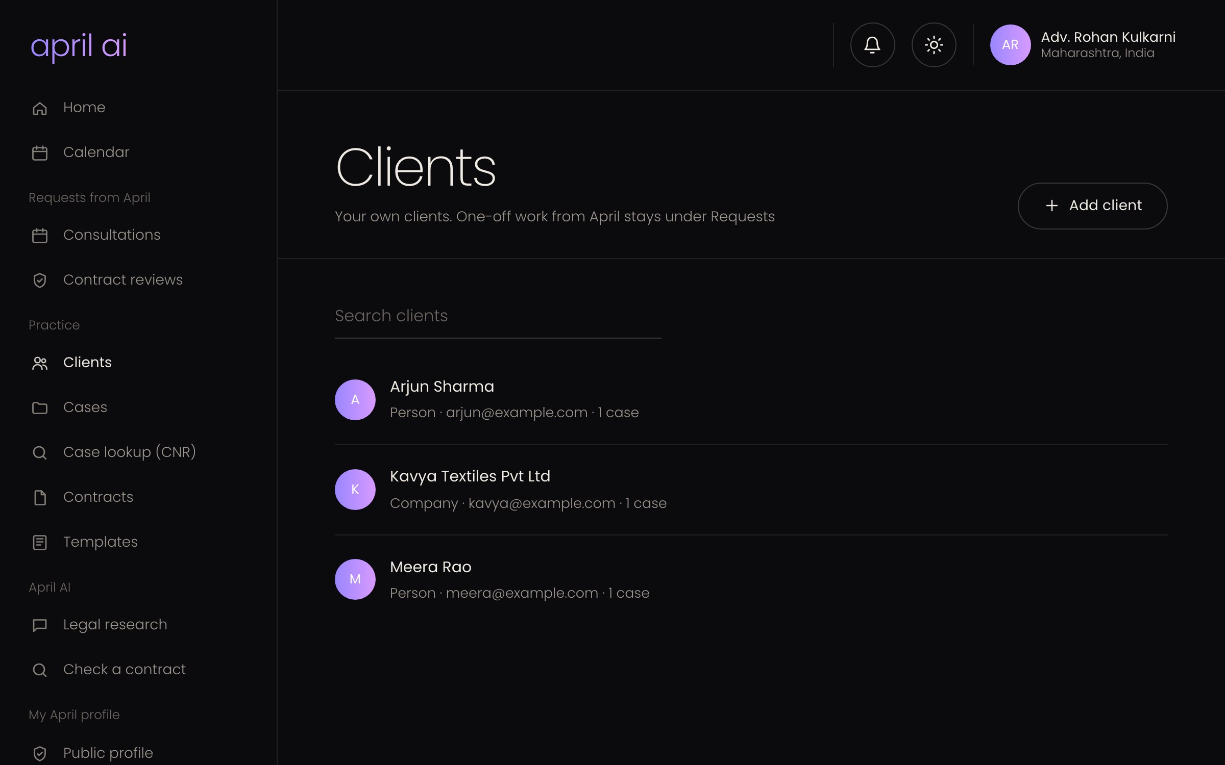Client pipeline board with five stages from consultation to judgement